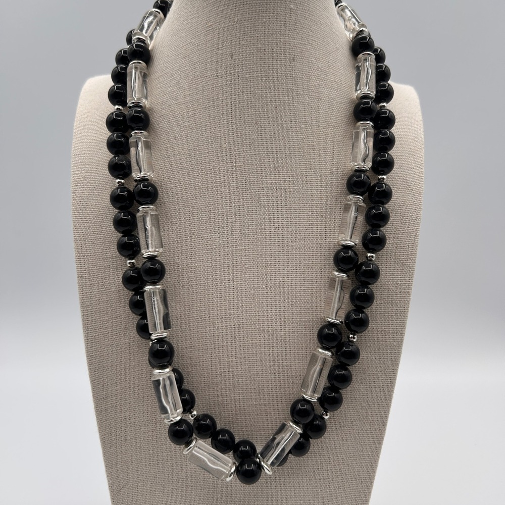 Vintage Black Clear Beaded Double Strand Necklace Silver‎ Tone 20"